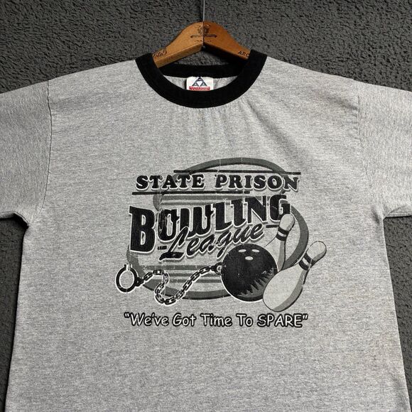 Vintage T-Shirt State Prison Bowling League Ringer Tee Mens Medium Humor - Picture 5 of 11
